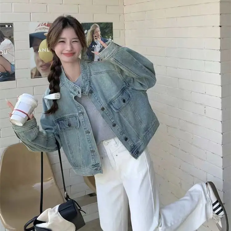 

Женская джинсовая куртка, повседневное женское пальто с круглым вырезом, весеннее универсальное пальто больших размеров, свободные однотонные топы с карманами, одежда