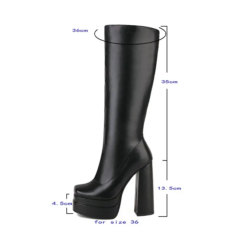 2022 Women Knee High Boots Platform Thick High Heel Ladies Calf Boots PU Leather Square Toe Zipper Women\'s Boots Black White