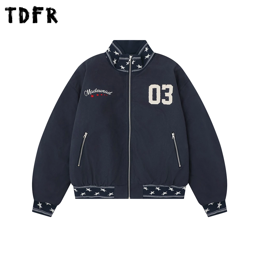 

Star Embroidery Ma-1 Bomber Jacket Mens Zipper Pocket Retro Autumn Winter Stand Collar Long Sleeve Loose Quilted Jacket Man