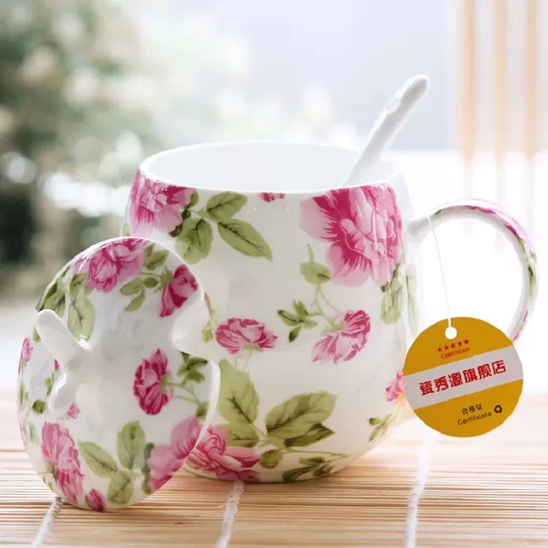 410ML, Cute floral rose designed, bone china thermos tumbler mug, tea for one cup, large mug, with lip & spoon