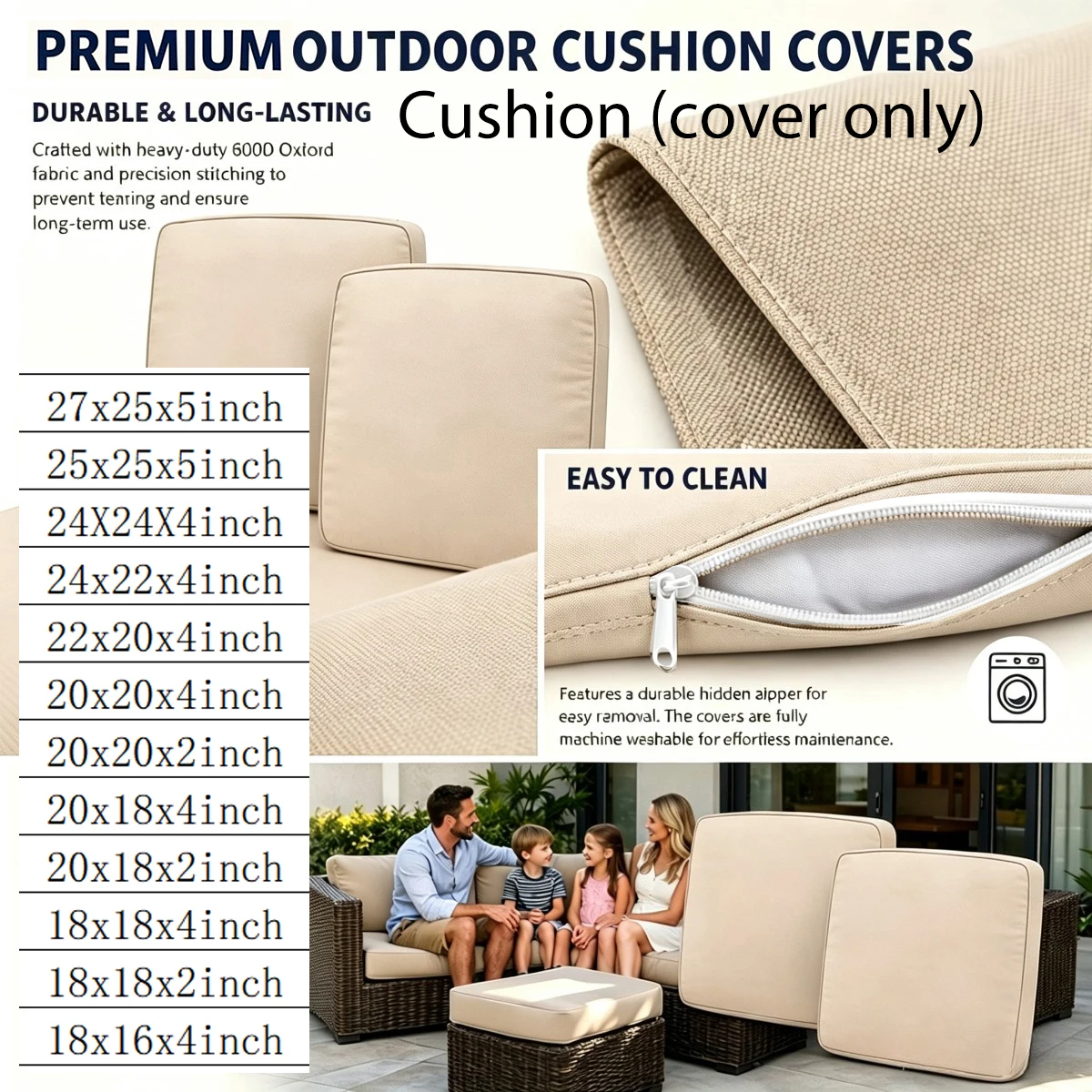 Patio Cushion Cover Patio Chair Seat Cover, 600D Thick Material Replacement Cushion Cover (Cover Only) Three Color Options