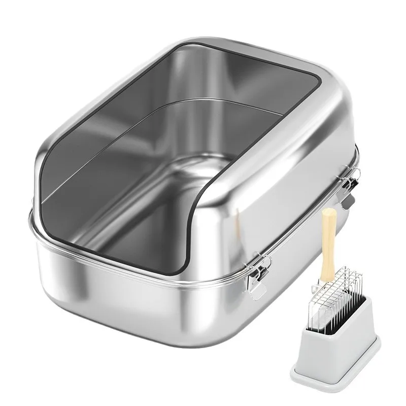 

Stainless Steel Cat Litter Box Extra Large Semi-enclosed Cat Toilet Suitable for Large Cats High Sided, Anti-Urine Leakage