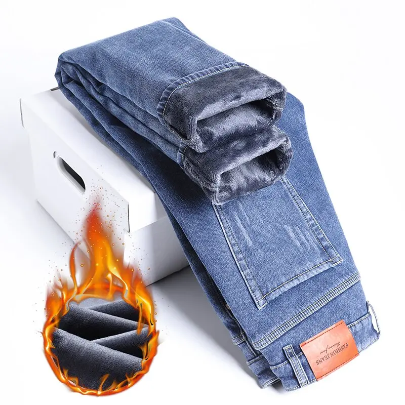 Celana Jeans Pria Berkualitas Tinggi, Model Lurus, Elastis, Warna Solid Modis Musim Dingin, Berbahan Fleece Tebal dan Hangat, Cocok untuk Olahraga Kasual