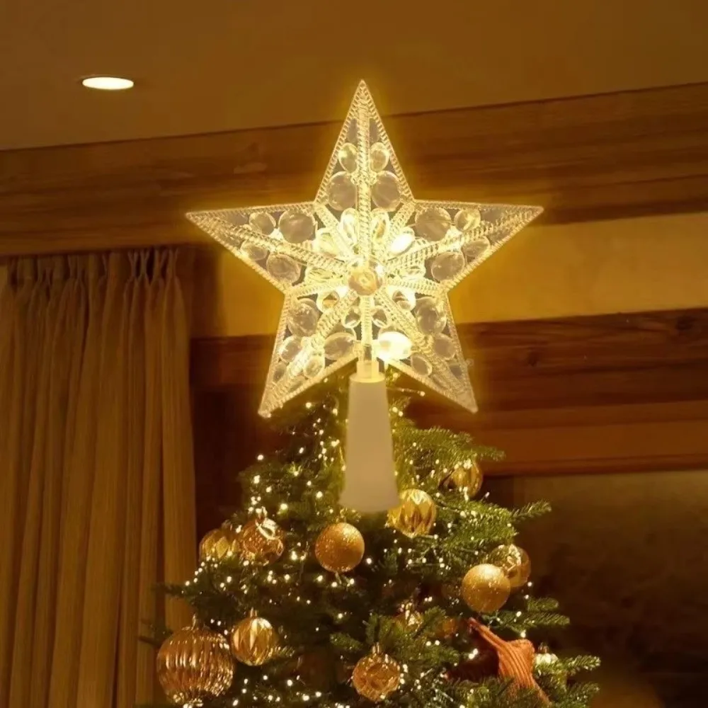 Warm White Christmas Tree Topper Transparent Five Point Shape LED Star Topper Water Drop Pattern Cone Base Lighted Tree Star