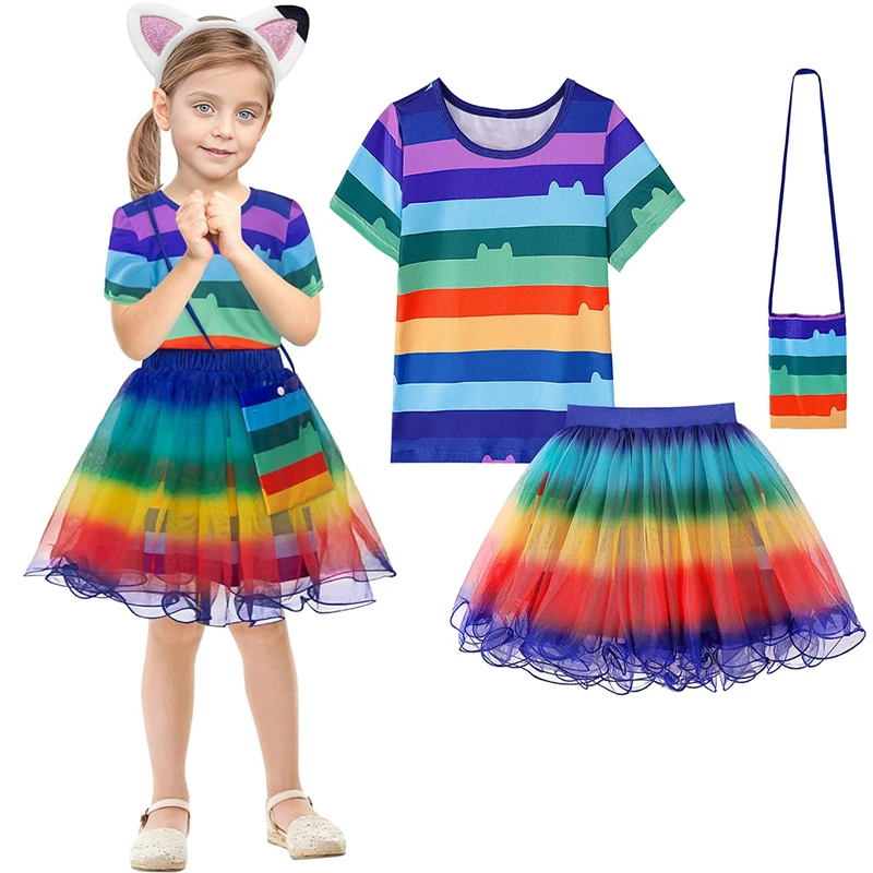 

Summer Girls Costume Children Cosplay Suit Girls Mesh Skirt+Striped Short Sleeved T-Shirt 2PCS Set 2-10Y