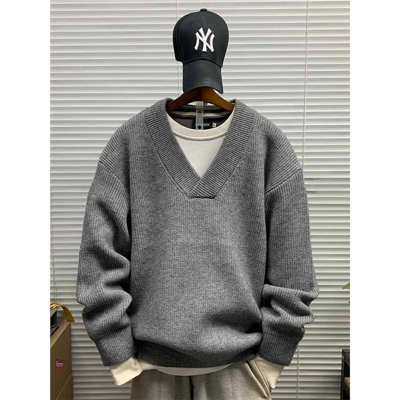 

Осень-зима, новый мужской свободный крой, трикотаж с v-образным вырезом, повседневный повседневный простой дизайн, тяжелый вязаный свитер Jaet