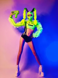 Fluorescent Green Puff Sleeves Tops Pants Bar Women Gogo Dancer Dj Stage Costumes Party Performance Outfit Rave Clothes