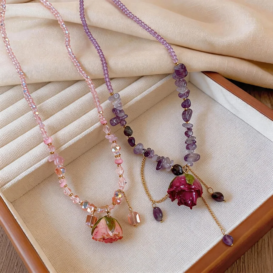 Pink Purple Irregular Glass Beads Strand Necklace Women Tassel Rose Flower Pendant Necklaces Sweet Dating Holiday Jewelry M