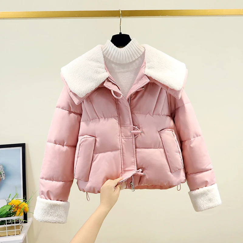 

Autumn Winter Thiened Lamb Fur Collar down Cotton Jaet Women Outerwear Oversize Bread Sle Small Size Cotton Coat