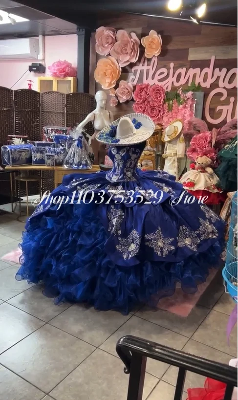 Royal Blue Luxury Ball Gowns Quinceanera Dresses Princess Glitter Floral Embroidered Boning Corset Mexican A-line Poncho vestido