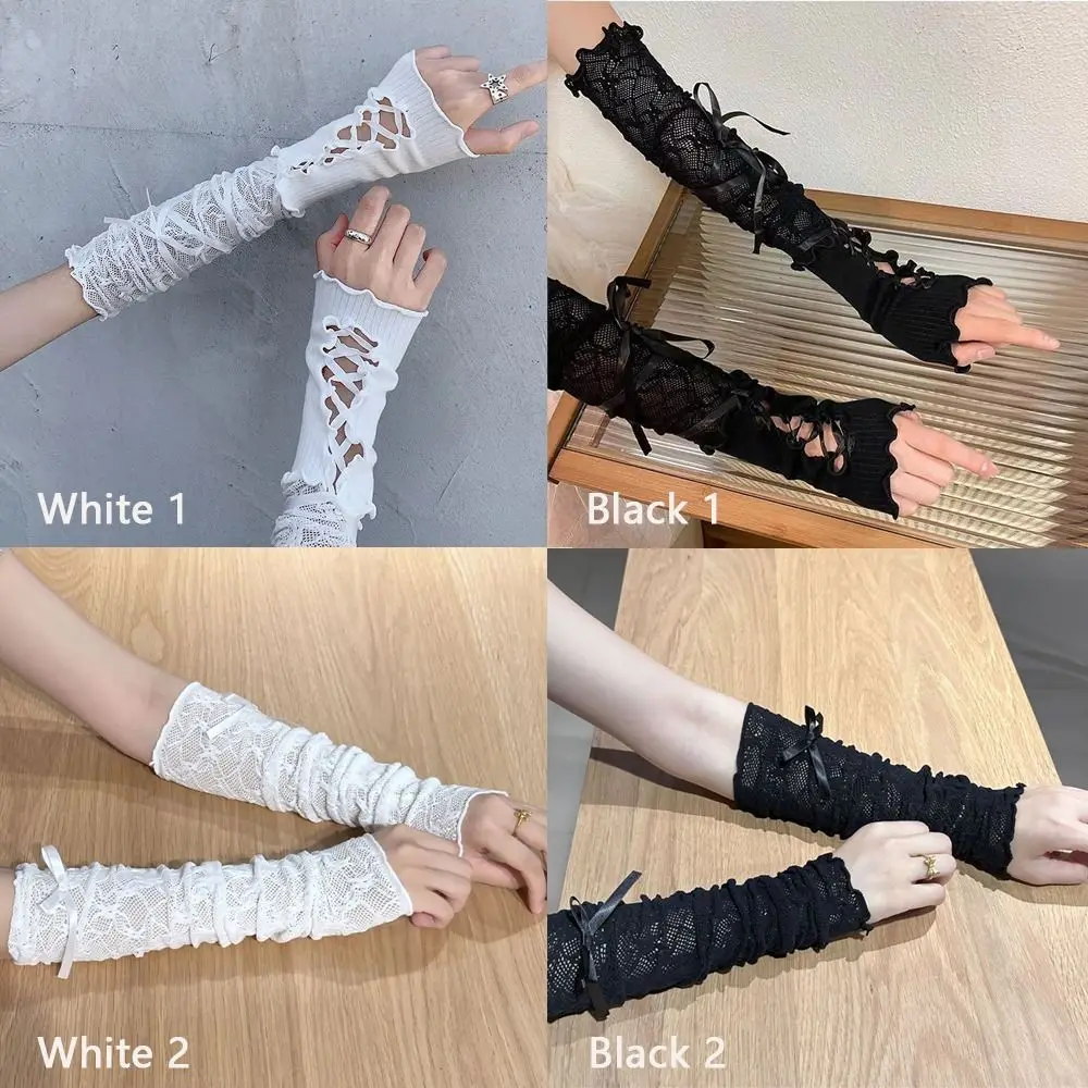 Guantes de encaje Punk gótico Lolita, guantes de Anime de malla con flejes y lazo, funda elástica japonesa con protección solar, accesorios de Cosplay