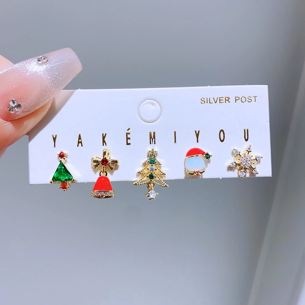 5pcs/set Mixed Christmas Stud Earrings Gold Color Plated Women Girls New Year Gift Jewelry