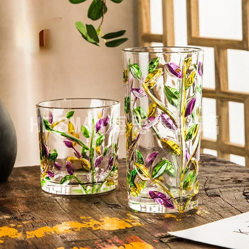 1pcs Creative Hand-painted Branches Crystal Glasses Carved Water Cups Ins Embossed Colored Leaf Cup Simple Juice Cups