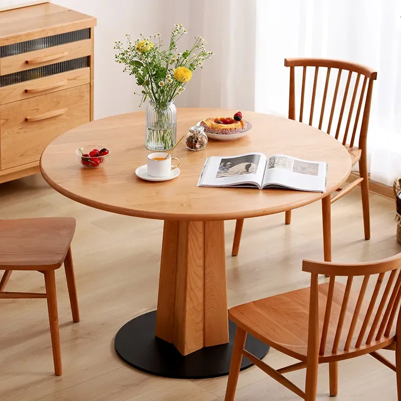 Japanese‑Nordic Modern‑Simple Round Cherry‑Wood‑Toned Wood‑Framed Dining Table for Compact‑Size Apartment Household Dining‑Room