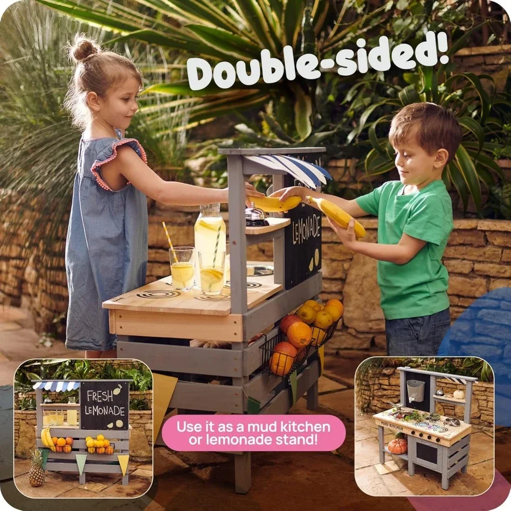 

2 in 1 Grocery Store Pretend Play Outdoor Kitchen for Kids Including Mud Kitchen Toys, Outdoor Kids Kitchen Set