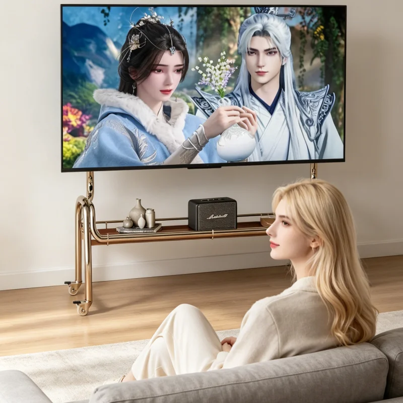 Home Durable Stainless Steel Tv Stand Movable with Lockable Wheels Large Storage Space for Soundbar Remote Control and Media Box
