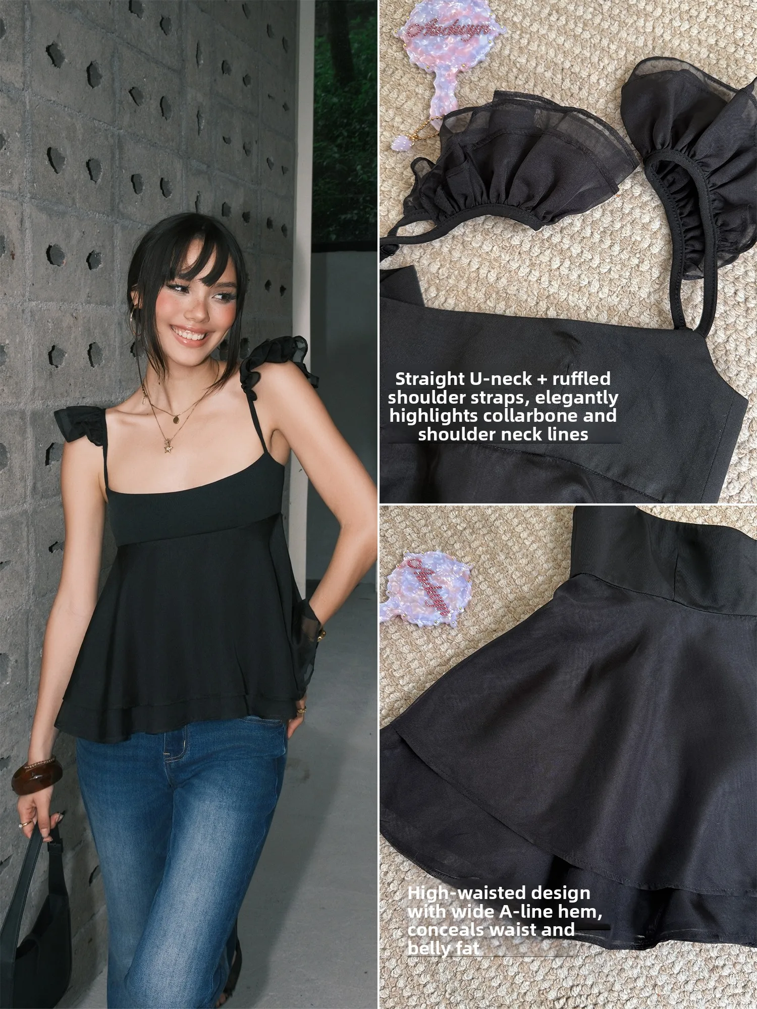 Audwyn Street Style Loose Fit Short Sleeveless Black Strap Shirt Women's Outerwear Summer New Design Leaf  Detail Top