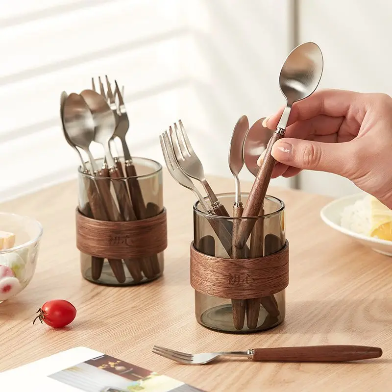 

Wood Light Luxury Stainless Steel Fruit Fork High-end High Appearance Level Home Camping Storage Can Fork and Spoon Set Gadgats