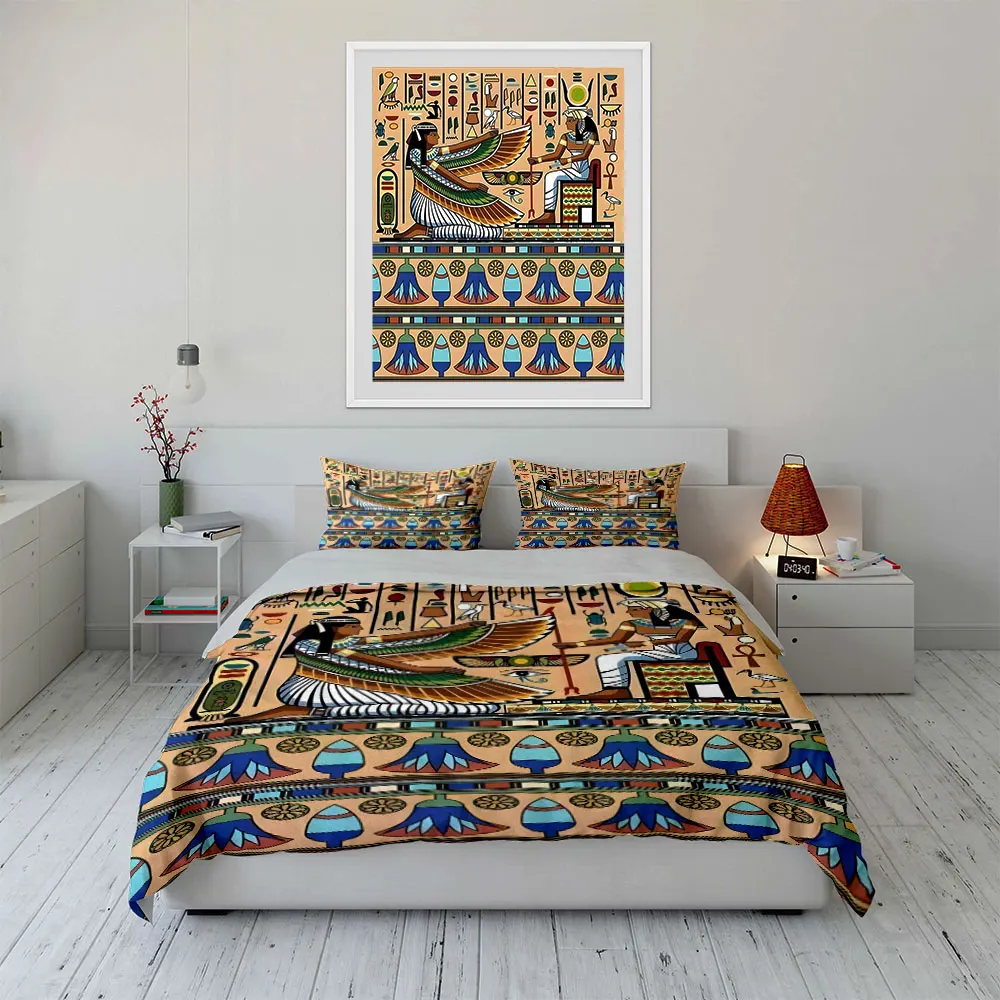 Ancient Egyptian Mural Scene Bedding Set for Kids Luxury Gift 3pcs Digital Print Comforter Set Soft Comfortable Breathable