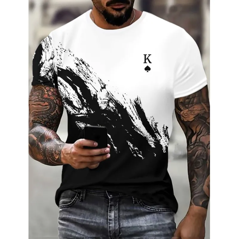 New men's round neck T-shirt short sleeved top with spade K printed patterns fashionable and trendy men's T-shirt top for summer