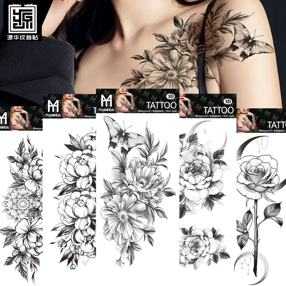 Large Men Peony Rose DIY Water Transfer Decals Fake Tattoo Body Art Stickers for Body Arm Leg Black Flowers Temporary Tattoo