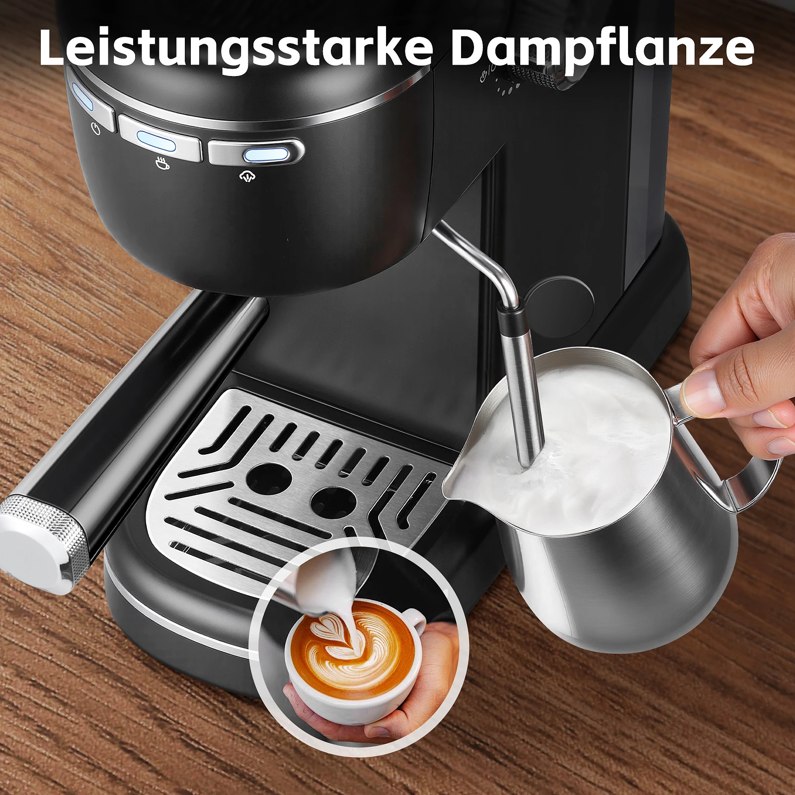 Tanque extraíble de 15 bares y 1,2 L, máquina compacta para capuchino/latte, acero inoxidable, 1100 W, cafetera espresso negra