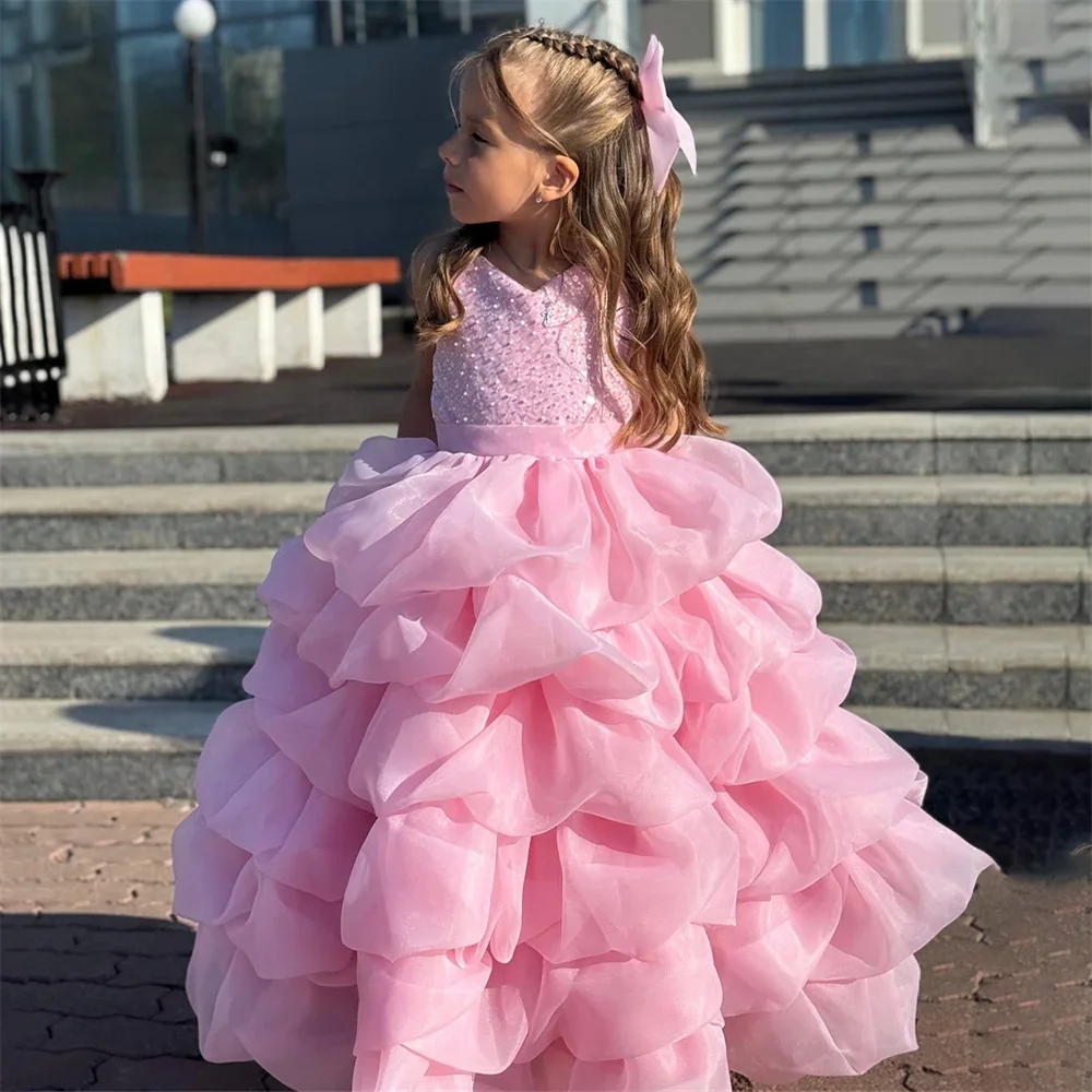 

Pink Sequined Princess Flower Girl Dress Sleeveless A Line Pleat Elegant Floor Length Classic First Communion Dress Customized