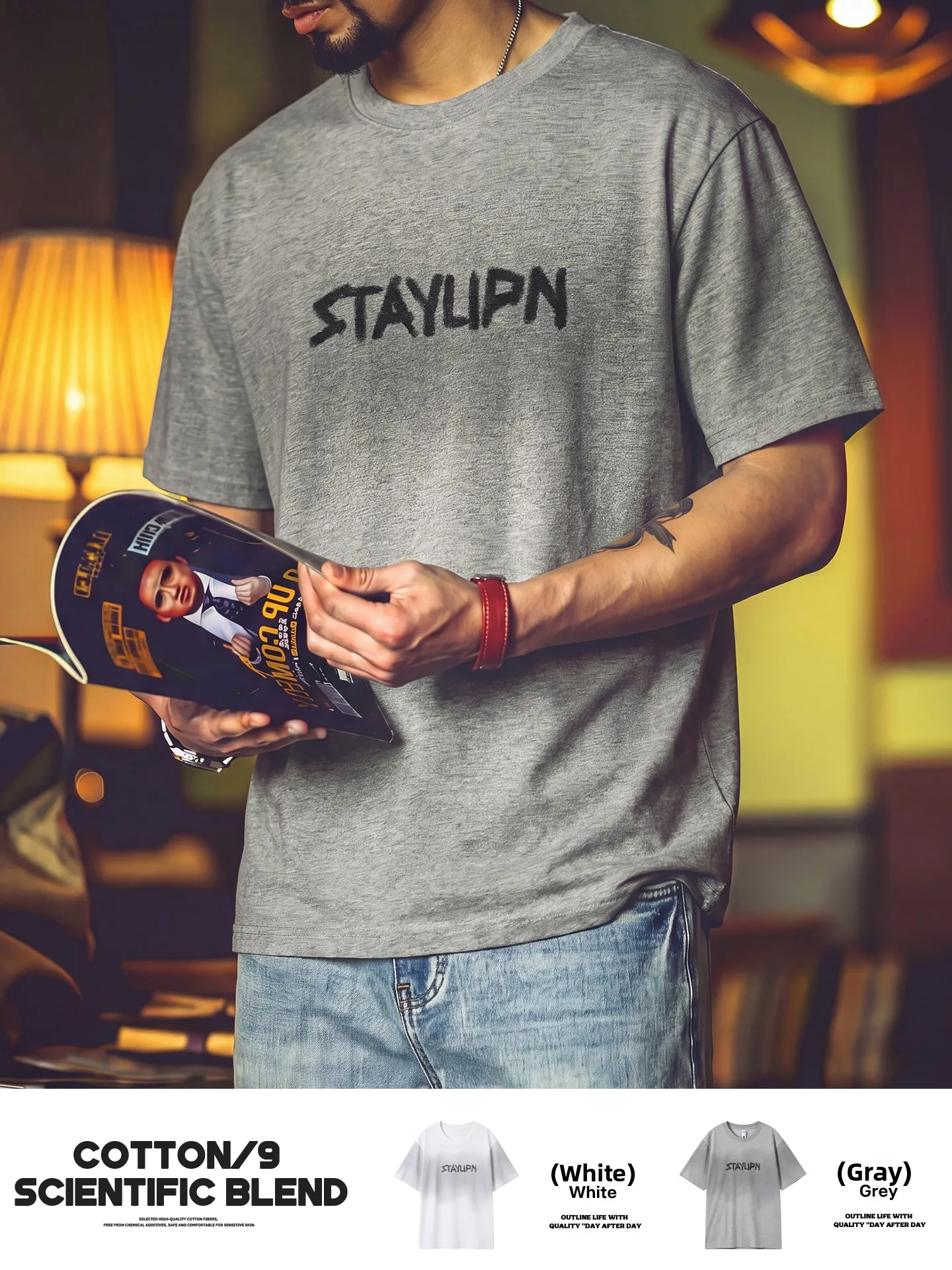 

American Retro Grey Short Sleeve Men's Summer Loose Printed T-shirt Casual Commuting Half Sleeve Top Breathable Cotton Polyester