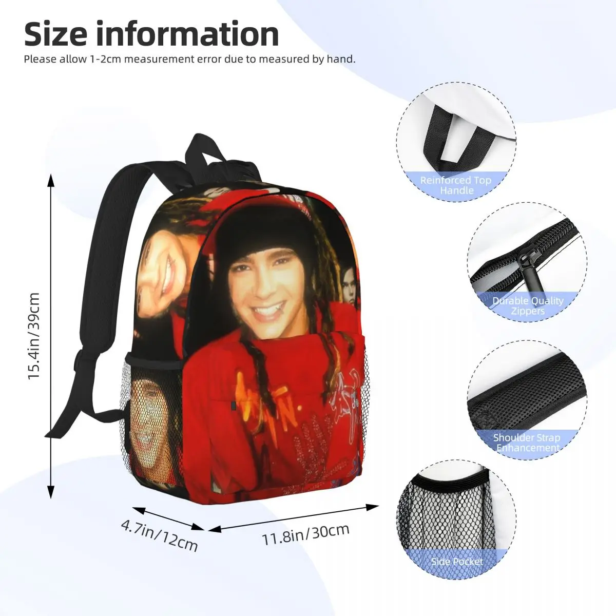 Tokio Hotel Tom Kaulitz Music Band Backpack Daypack Large Capacity Boys Girls BookBag Shoulder Bags for Men Women School Bag