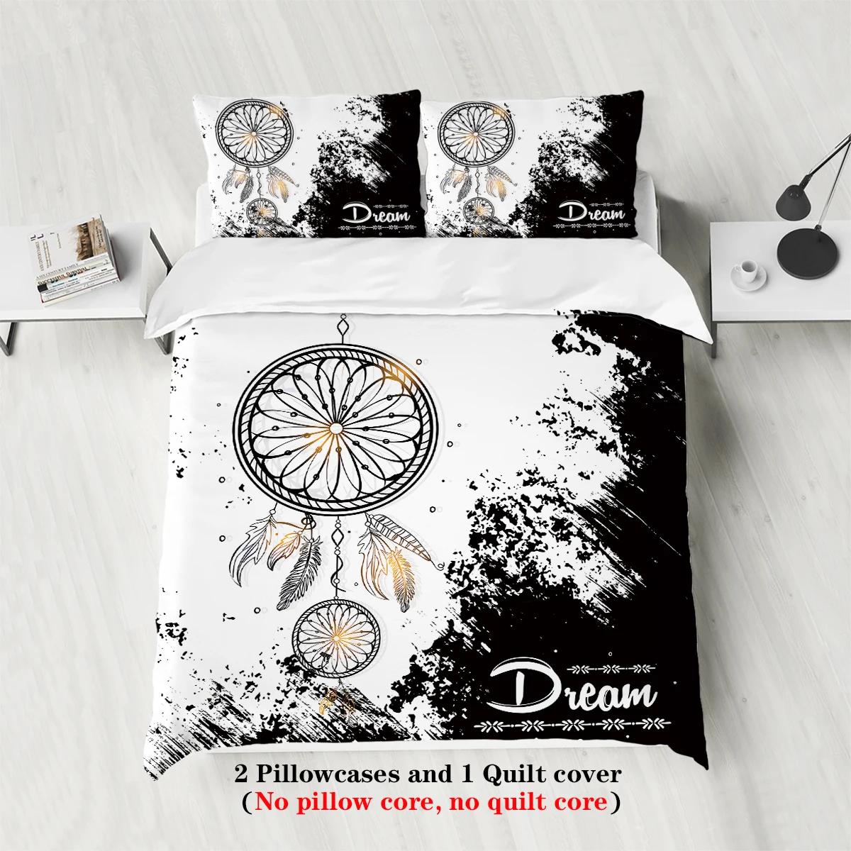 3-piece set, black and white dream catcher pattern printed bedding set, queen, king, double bed, for bedroom, guestroom, hotel