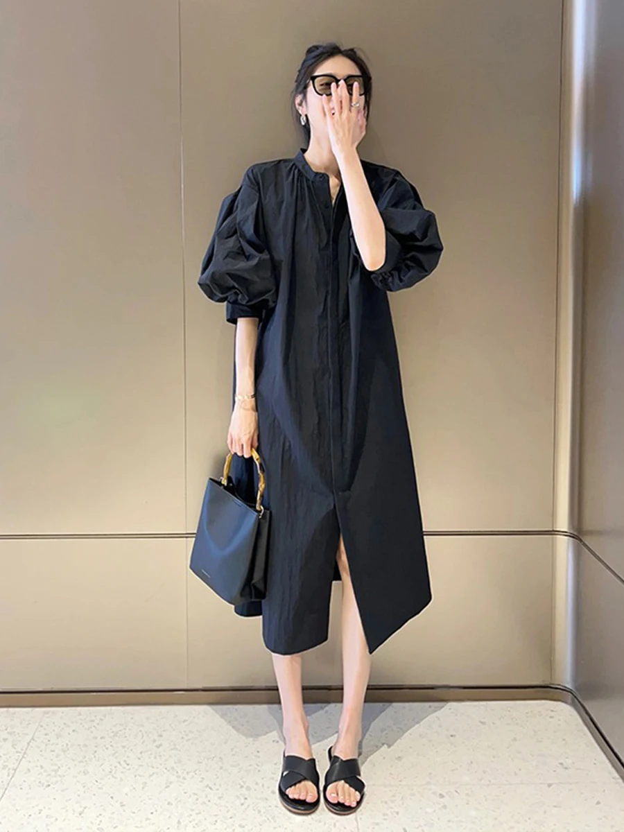 Stunning Black Shirt Dress Unique Beautiful Korean Style Long Sleeve A-Line Silhouette Drawstring Detail Polka Dot Print