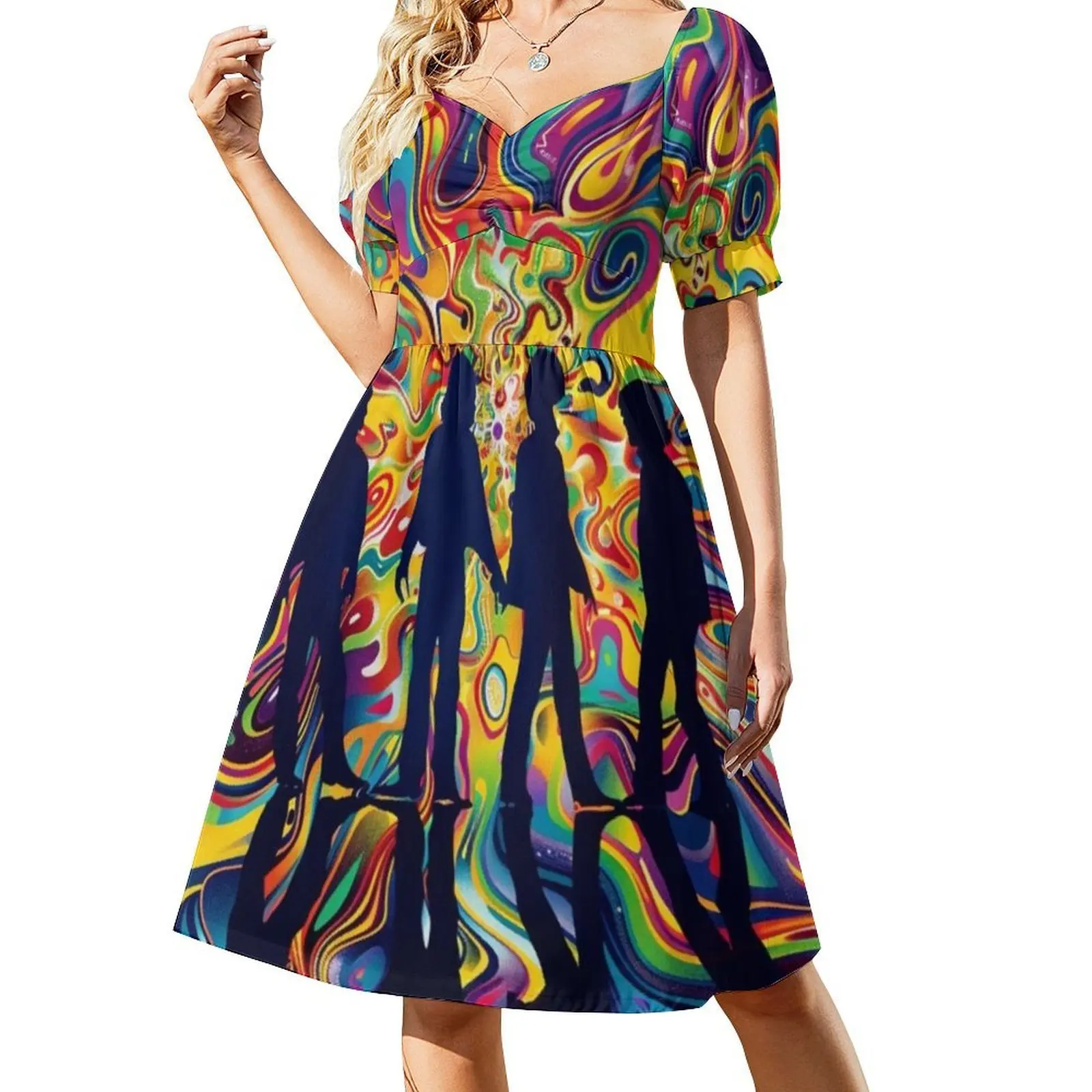 A silhueta com cores psicodélicas trippy vestido de festa elegante feminino vestido evasê com opções curtas/longas/sem mangas