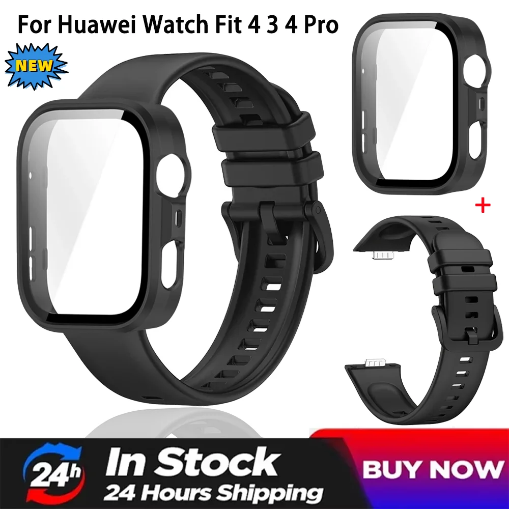 Colored Buckle Silicone Band+PC Case for Huawei Watch Fit 4 3 HD Tempered Glass Shell Bracelet Huawei Watch Fit 4 Pro Wristband