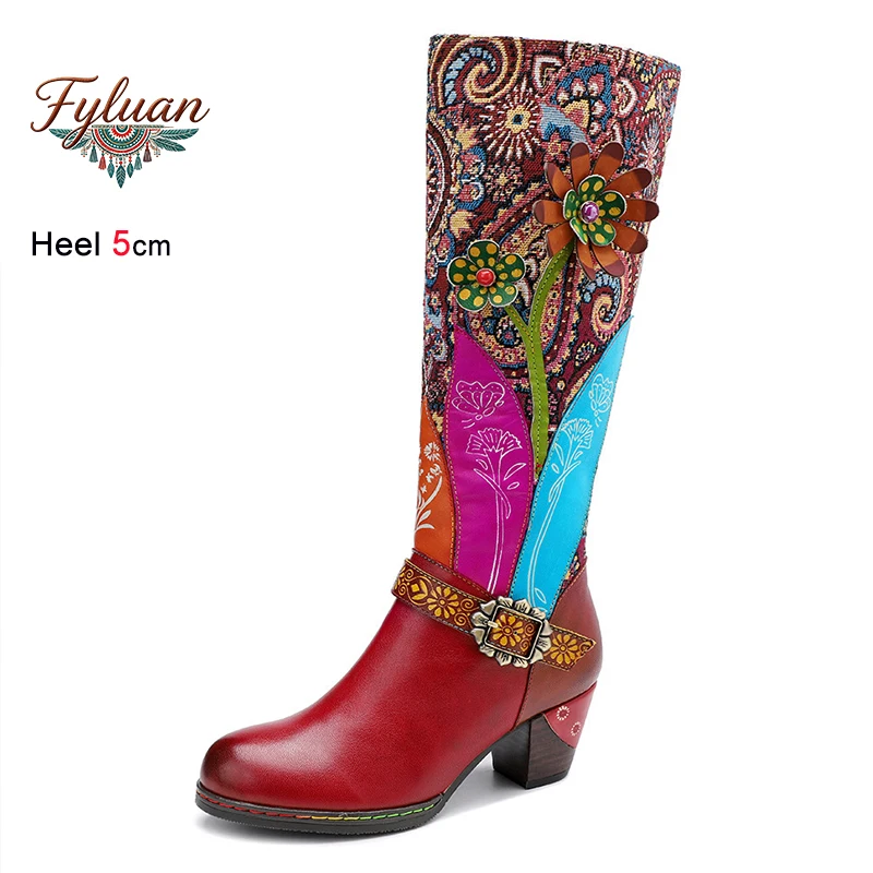 

Fall Winter Ethnic Style Women's Mid-Calf Boots Thick Heels 5cm Zipper Three-dimensional Flowers Round Toe Bohemian Ladies Shoes