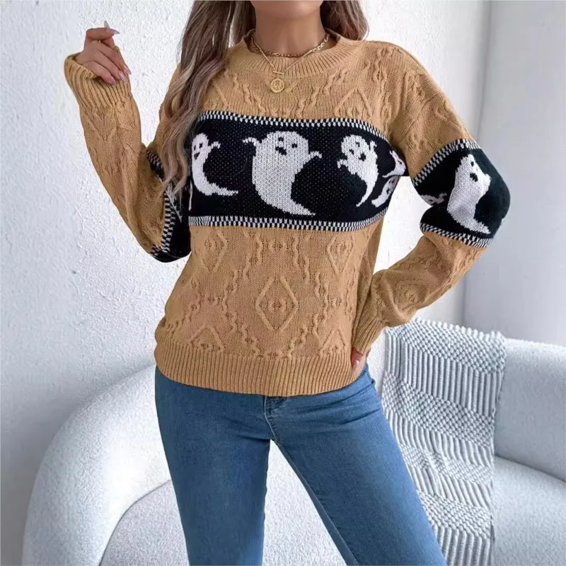 Women's Knitted Sweater Halloween Theme Ghost Contrasting Long Sleeved Pullover Sweater Loose Casual 2024 Autumn/winter New Item