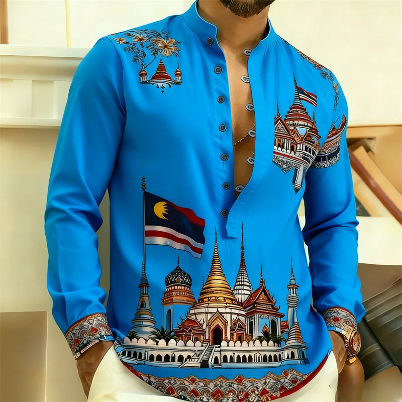 マレーシア国旗＆伝統寺院プリント バジュ・マレーユ メンズ長袖シャツ エスニックカジュアルブラウストップ 文化祭用