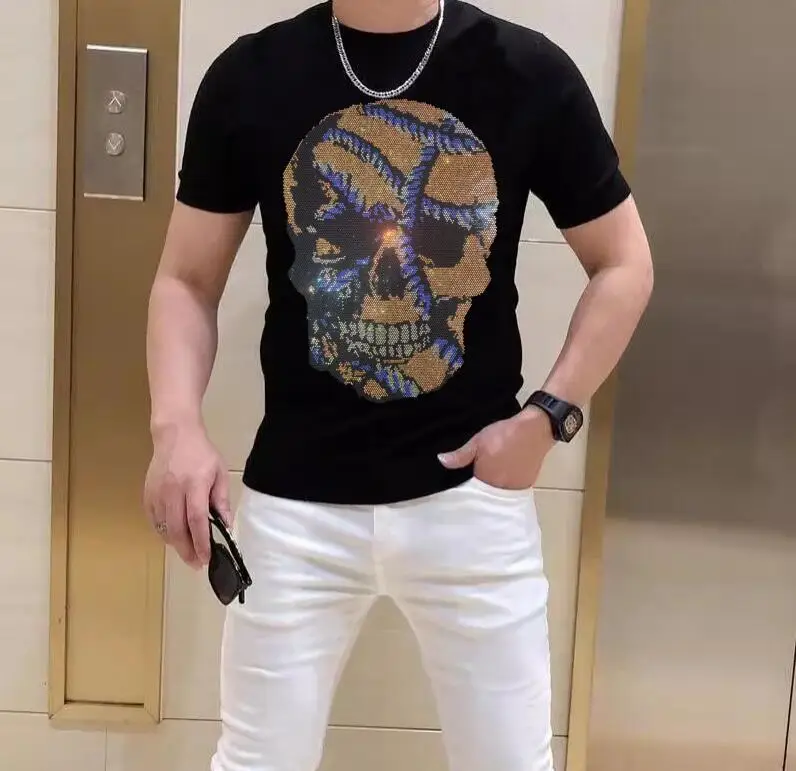 Rhinestones brand designer Men\'s T-shirt Casual Top Fashion luxurious Skull Pattern tees
