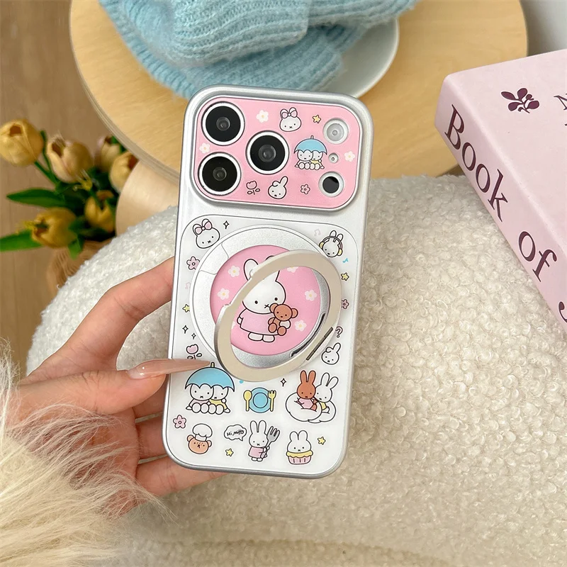 

Cute Pink Miffy Rabbit Phone Case For iPhone 17 16 15 14 Pro Max Kawaii Miffy Kawaii Ring Holder Protective Cover for Girls