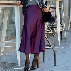 Women Solid Color Pleat Half Dresses Luxury Silk Satin Club Party Skirt 2024 Elegant High Waist Slim Temperament Long Skirts