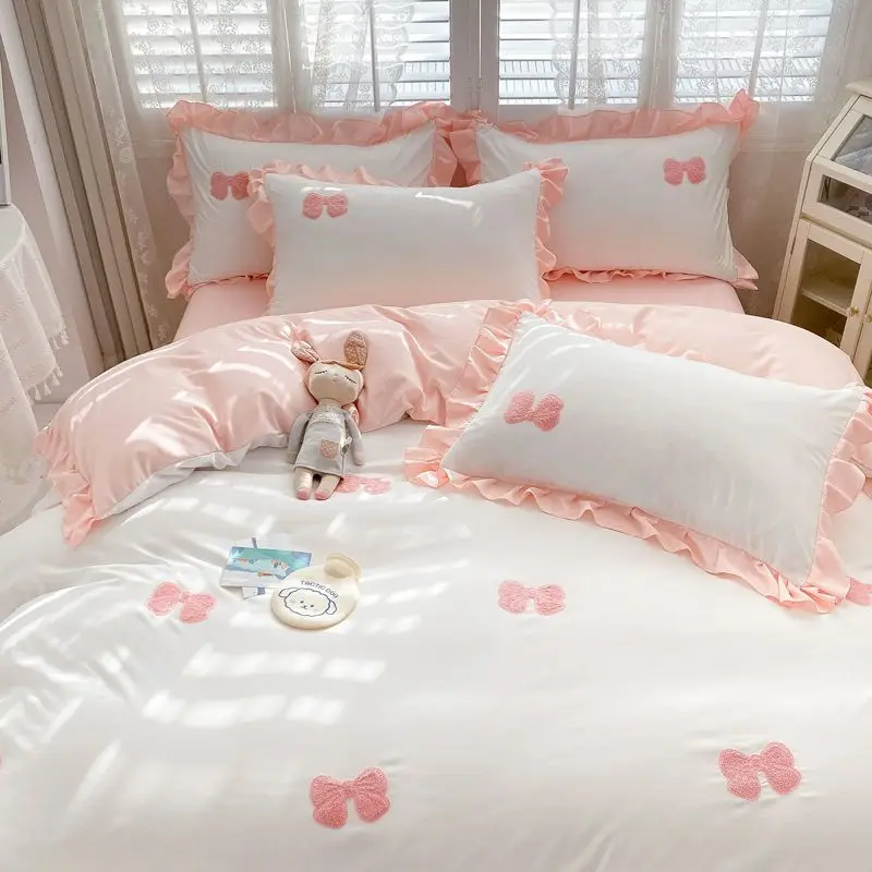 Fairy Style Ruffled Bedding Set, Skin-Friendly Soft Single Dorm Bed Sheet & Fitted Sheet (3/4 pcs)