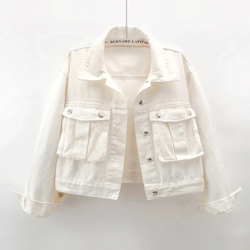 

Women Clothing Fashion Denim Jacket 2024 Spring Fall Korean Simple Double Pockets White Jean Outwear Ladies Basic Coat Chaquetas