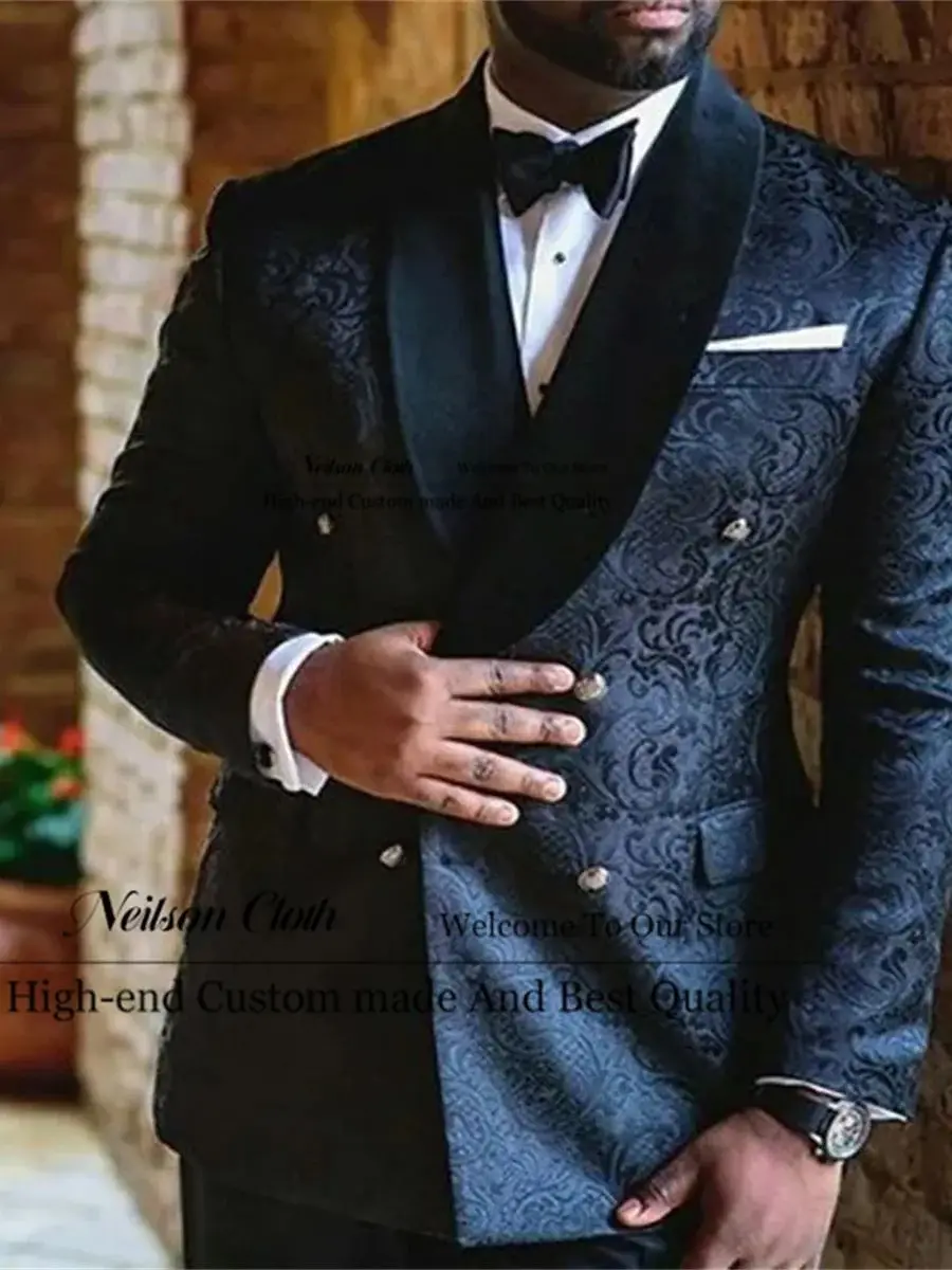 

Black Male Prom Blazers Shawl Lapel Groom Wedding Tuxedos 2 Pcs Sets Jacquard Men Suits Slim Fit Double Breasted Costume Homme