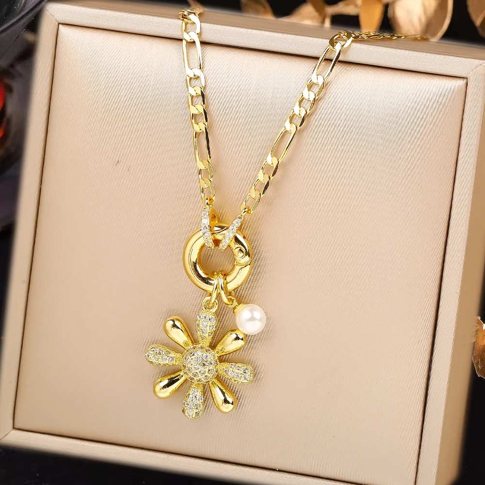 New Arrival Botanical Sunflower Zirconia Flower Pearl Choker Clavicle Chain Luxury for Woman Female Party Birthday Jewelry Gift