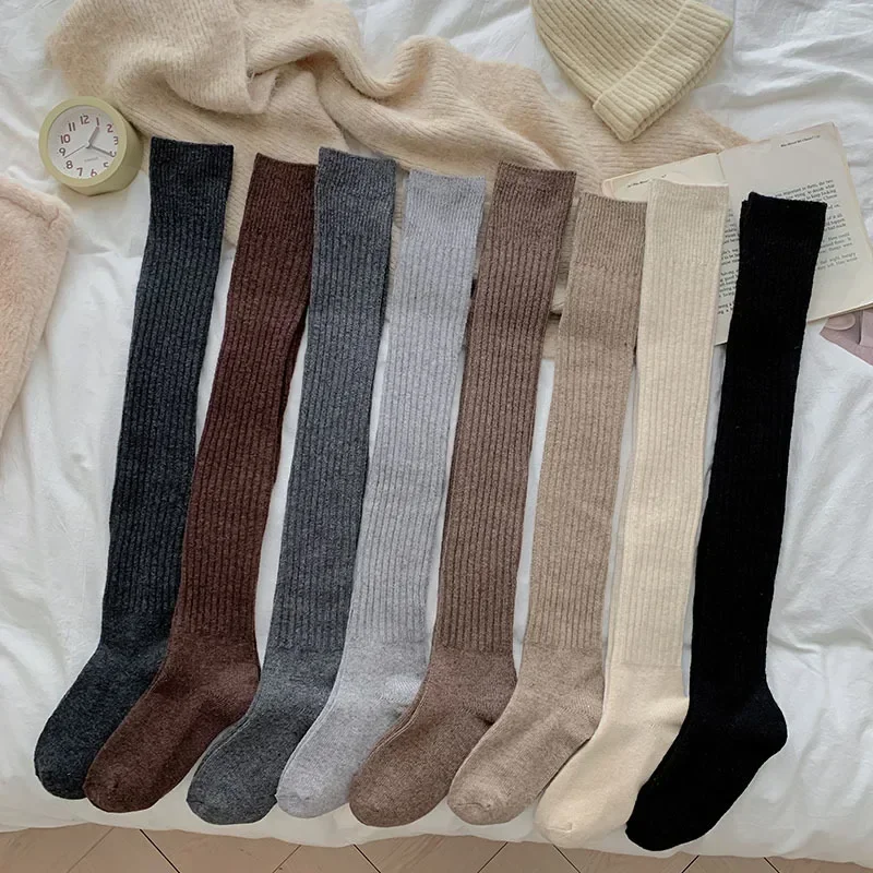 8Color Thigh High Stockings Women Thick Warm Knees High Socks Wool Cashmere Thermal Long Socks High Socks Stocking Autumn Winter