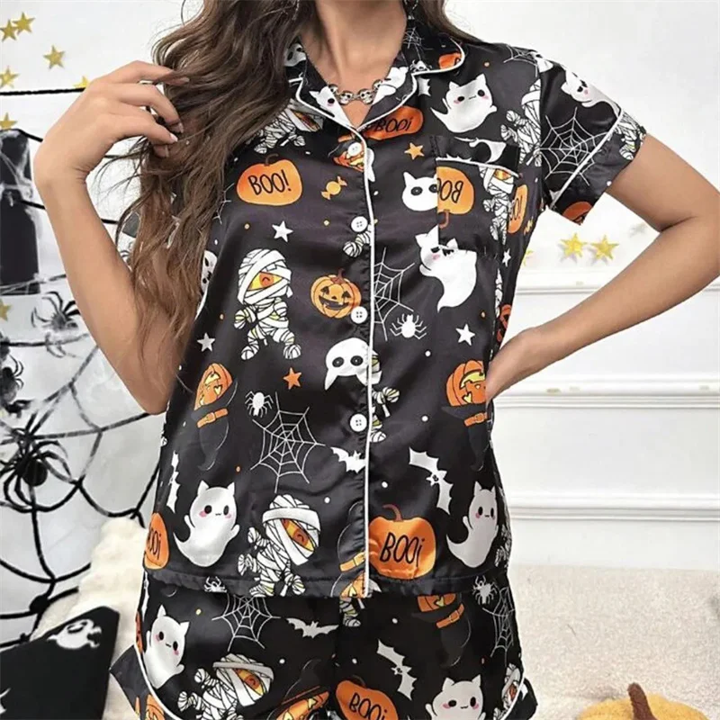 hirigin Women Halloween Pajama Sets Ghost Pumpkin Print Short Sleeve Button Closure Shirts Tops with Shorts Sleepwear Loungewear