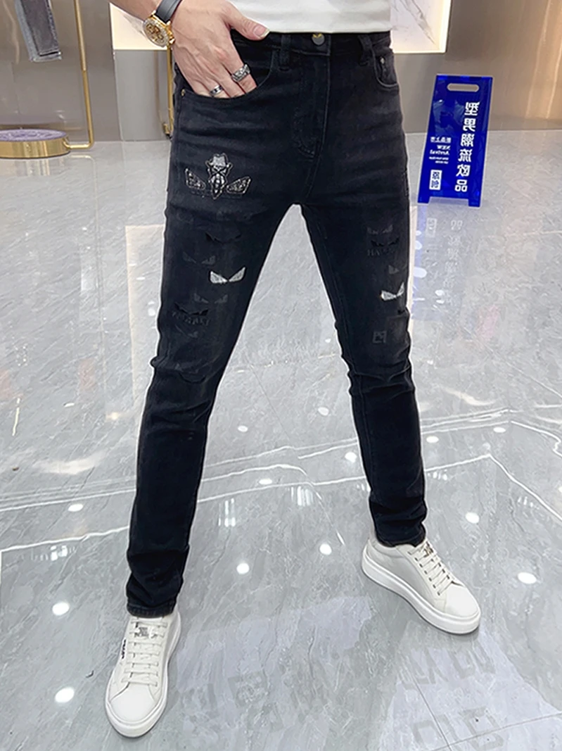 

Faionable Embroidered Slim Fit Men's Jeans Elastic Rhinestone Trendy Bla Long Pants Youth Casual High Stretch Autumn Wear