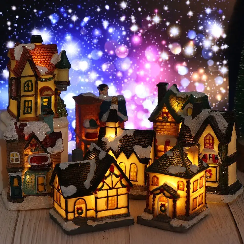 Resin Christmas Light House Home Xmas Miniature House Christmas Village Furniture Kerstdorp House Decorate Christmas Party