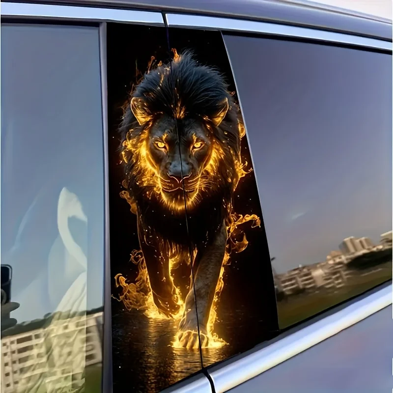 2-Pack Flame Lion Car Stickers - Durable Plastic B-Pillar Protector, Self-Adhesive Glossy for Vehicles, Walls and Windows