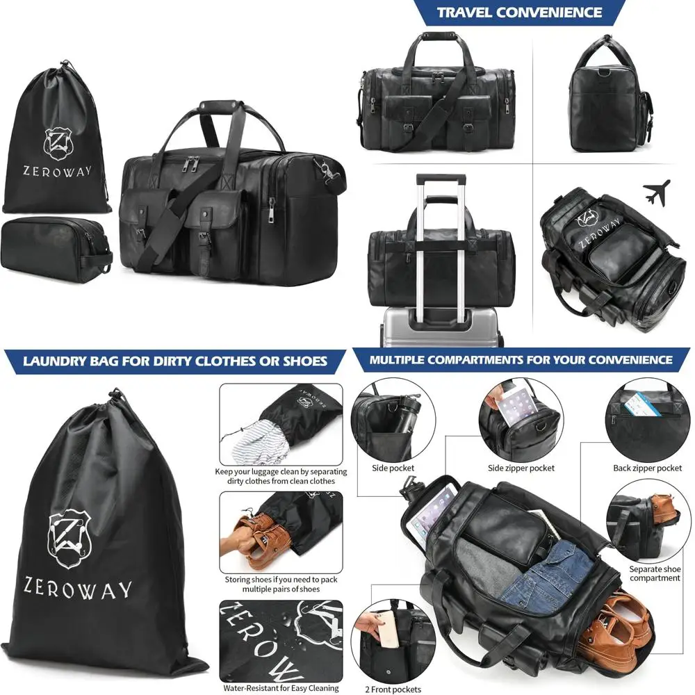 

Leather-Like Duffel Bag for Travel with Laundry Compartment, Weekend Overnight Luggage, Carry-On Bag, Shoe Pouch for Men and Wom