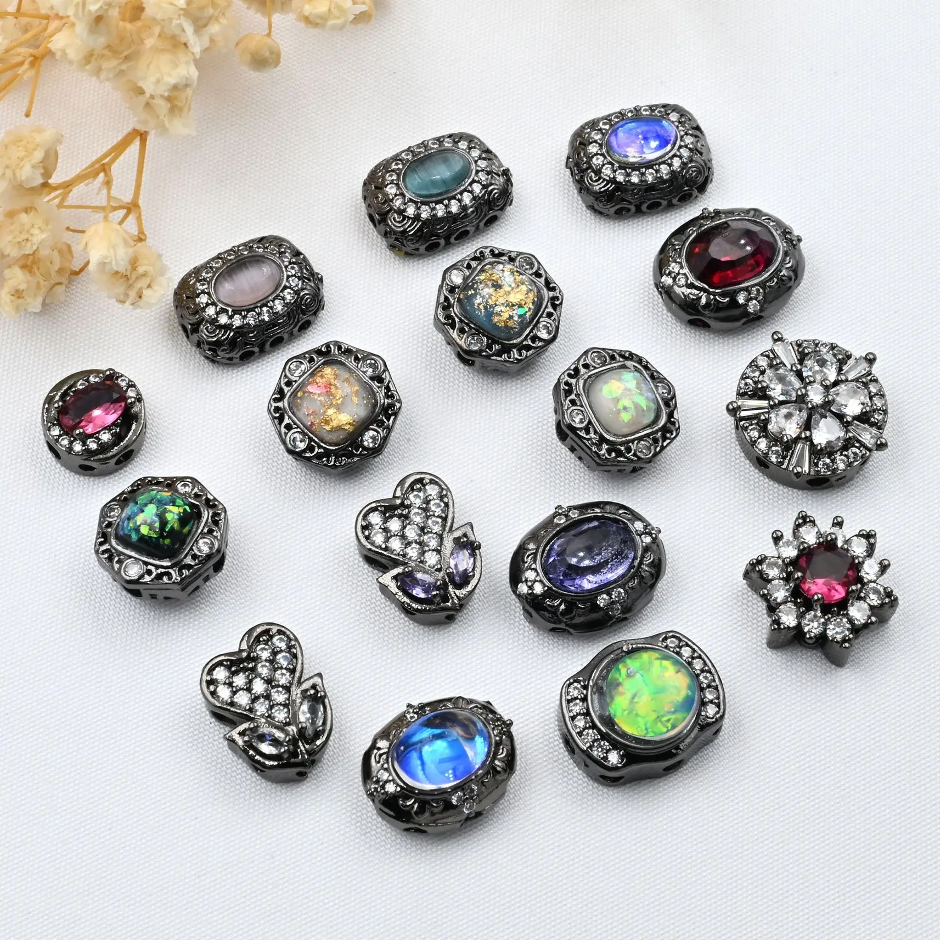 3 Pieces Copper Plated Gun Black Inlaid with Colored Zircon Beads DIY Pearl Necklace Bracelet Accessories Jewelry Materials